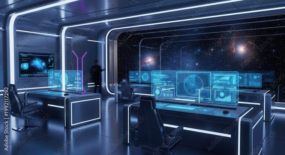 Fototapeta premium Futuristic command center features advanced holographic displays overlooking deep space.