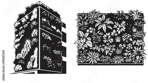Decorative tropical plant wall panel and modern botanical facade design