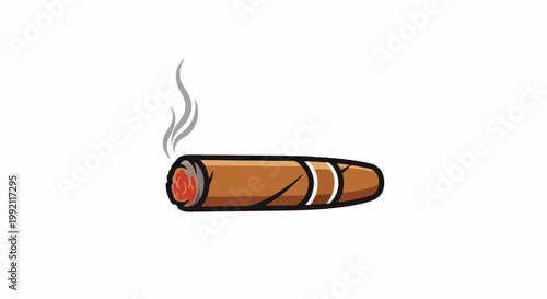 A stylized brown cigar glows with red embers and wisps of smoke curl upwards