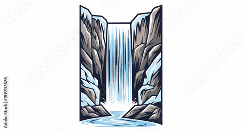 A powerful waterfall cascades between rocky cliffs with icy edges into a pool below