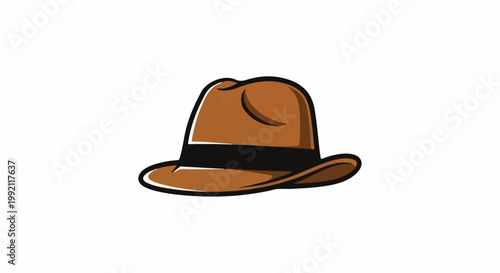 A stylized brown fedora hat with a black band and a white outline