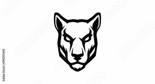 A stark black and white graphic design of a fierce animal's head with sharp features