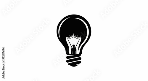 A stark black silhouette of an incandescent lightbulb with a filament is centered against a pure white background