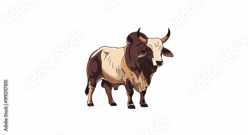 A stylized bull with a hump, curved horns, and distinct brown and cream coloring