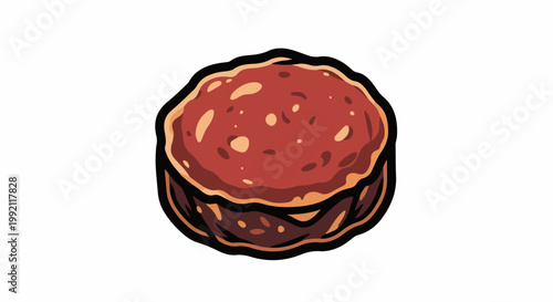 A round, reddish-brown food item with lighter speckles and a dark crust