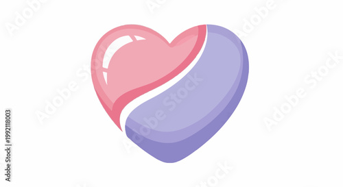 A rounded heart shape is divided into two halves a pink, glossy top and a lavender, softer bottom