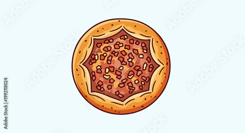 A round, savory pastry with a golden crust and a hearty filling of small, diced ingredients