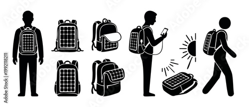 Solar Backpack Icon Set Featuring Portable Charger Panel and Energy Sustainable Travel Gear for Mobile Devices and Hiking Equipment Vector Illustration Pack