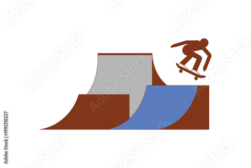 A skateboarder performs a trick on a colorful ramp structure