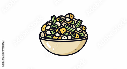 A stylized cartoon bowl of chunky vegetable salad with green stalks