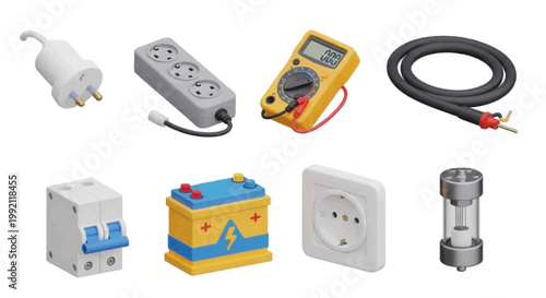 Vector illustration of set of electrical equipment and tools on a transparent background