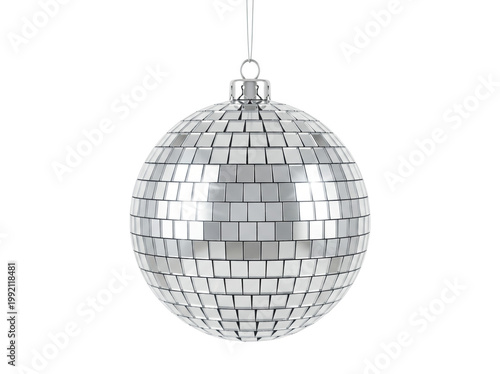 Silver disco ball hanging reflecting light mirror ball dance floor social gathering white background celebration nightclub lighting