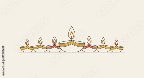 A row of seven decorated oil lamps with flickering flames are displayed