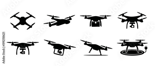 Drone Silhouette Icon Set, Quadcopter UAV Collection for Aerial Photography, Logistics Delivery, and Surveillance Technology, Flat Black Vector Graphic Symbols Isolated on White Background for Web Des