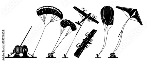 Paragliding winch system and aerial tow equipment icons, set of parachutes and glider silhouette graphics for flight training, aviation sport mechanics and extreme skydiving launch ground gear collect