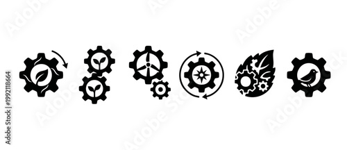 Eco Friendly Green Technology Icons, Sustainable Energy Gears and Leaf Symbols, Renewable Power Concept for Environmentally Conscious Engineering and Industry Green Business Strategy Infographic Desig