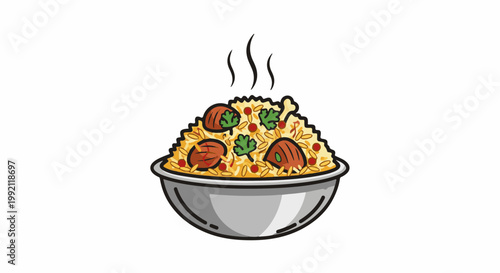 A steaming bowl filled with flavorful rice, meat, and herbs