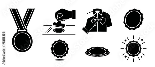 Award Medal Stamp Badge Icon Set for Quality Assurance and Achievement Symbols, Flat Black Graphic Elements on White Background for Professional Business Certification, Excellence Label, and Branding