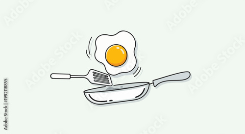 A stylized cartoon depicts a fried egg flipping in a pan with a spatula