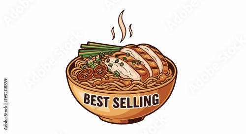 A steaming bowl of delicious noodles topped with grilled chicken, tomatoes, and scallions