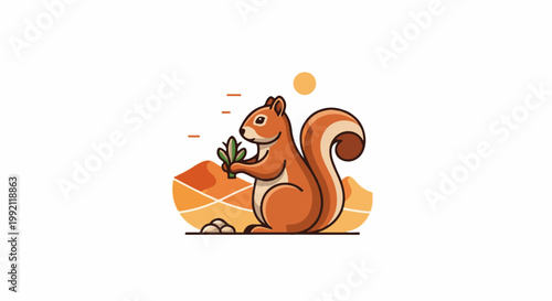 A stylized cartoon illustration depicts an orange squirrel holding a green sprig against a minimalist landscape with a sun