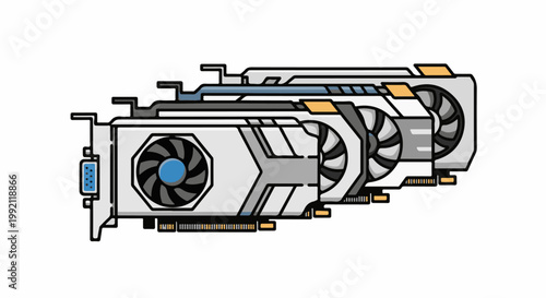 A row of stylized computer graphics cards with fans and connectors
