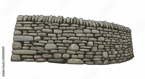 A rustic, curving stone wall, meticulously built with rough-hewn rocks