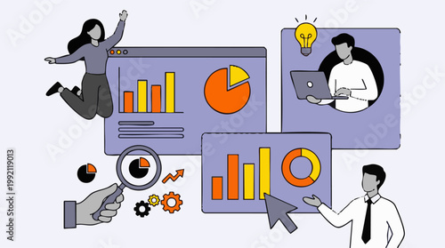 Business intelligence and data analysis with professionals and digital charts