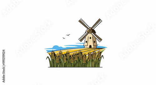 A rustic scene featuring a light brown windmill atop a golden field of wheat under a blue sky with clouds and birds