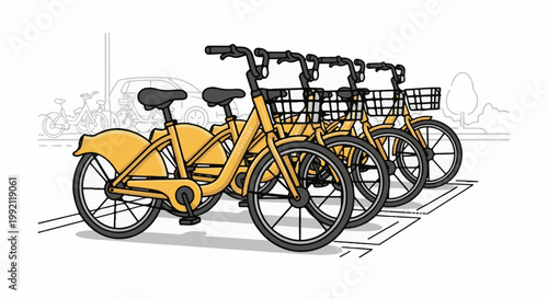 A row of yellow rental bicycles with baskets, parked on a street with a car and other bikes