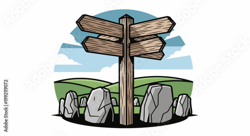 A rustic signpost stands amidst ancient stones on rolling green hills under a cloudy sky
