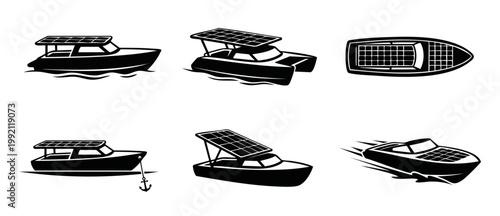 Solar Powered Boat Icon Set, Eco Friendly Marine Transport Vector Illustration with Yacht, Catamaran, and Speedboat Designs for Sustainable Energy Concept, Black Silhouette Graphics on White Backgroun