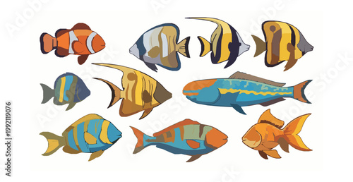 Cartoon tropical fish collection colorful reef aquarium marine animals vector illustration