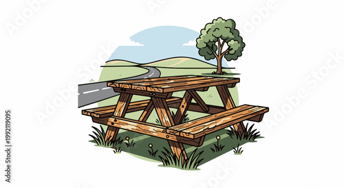 A rustic wooden picnic table sits in a grassy field with a winding road and a tree