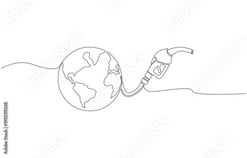 Continuous one line of earth and fuel pump nozzle connection, global fuel consumption concept, single line art