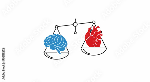 A scale balances a blue brain and a red heart