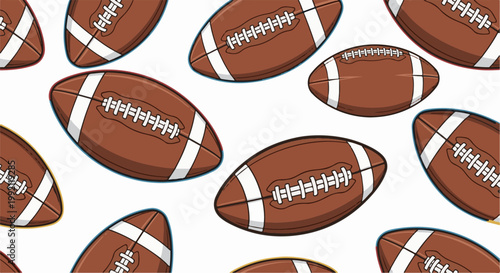 A scattered pattern of brown footballs with white laces and stripes on a white background