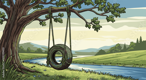 A scenic rural landscape with a tire swing hanging from a large tree next to a flowing river