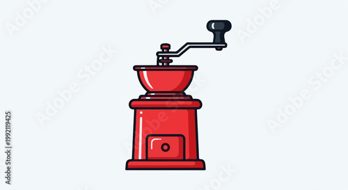 A red manual coffee grinder with a crank on top