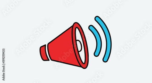 A red megaphone emits blue sound waves against a light grey background