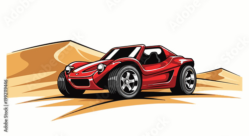 A red, open-top vehicle speeds across sandy dunes with a bright sky