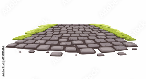 A quaint cobblestone path curves through green, grassy borders