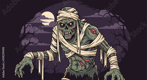 A pixelated mummy with glowing red eyes stands under a full moon and bare trees