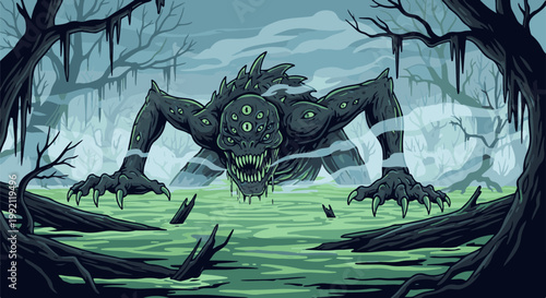 A pixelated, multi-eyed creature emerges from a murky swamp, shrouded in mist