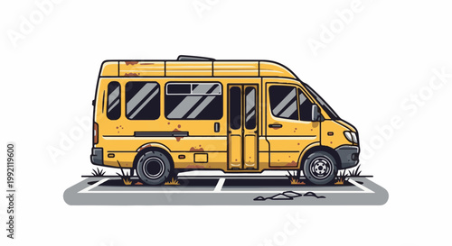 A pixelated, old, yellow van with rust spots sits on a parking spot with grass and rocks
