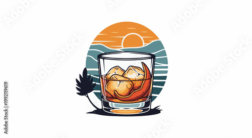 A refreshing drink with ice sits before a stylized sunset over the ocean and palm tree