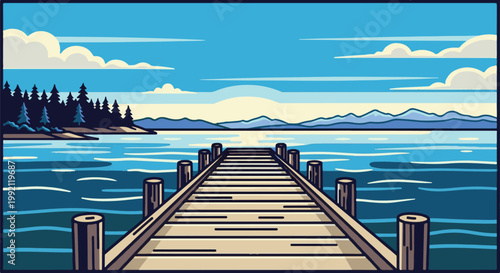 A pixelated pier extends out into a calm lake with a tree-lined shore and distant mountains