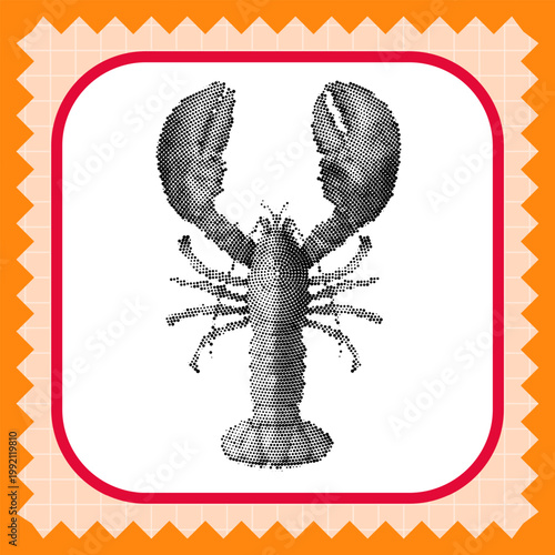Halftone stippled illustration of a lobster, a detailed dotwork drawing of a crustacean, vintage style pointillism art of a sea creature for seafood design