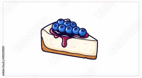A pixelated slice of creamy cheesecake topped with plump blueberries and drippy jam