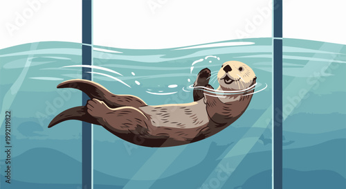 A pixelated sea otter floats on its back in clear blue water, with hints of sunlight filtering through